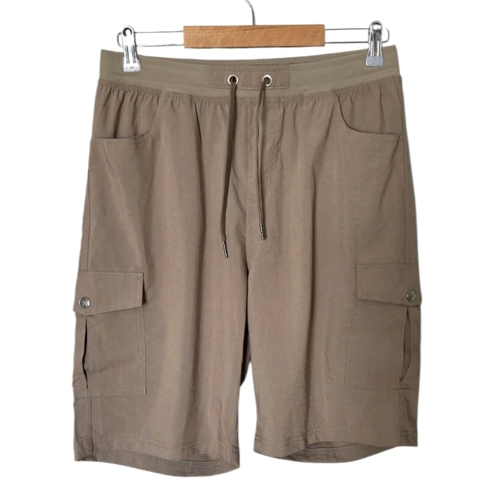MoFiz Mens Cargo Shorts Medium Taupe Elastic Waist Drawstring Stretch